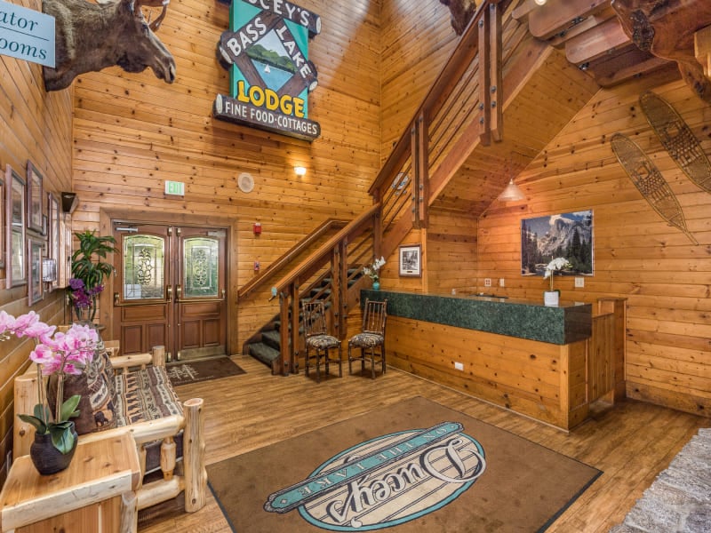 The lodge entrance at Ducey's, with the original Bass Lake Lodge sign